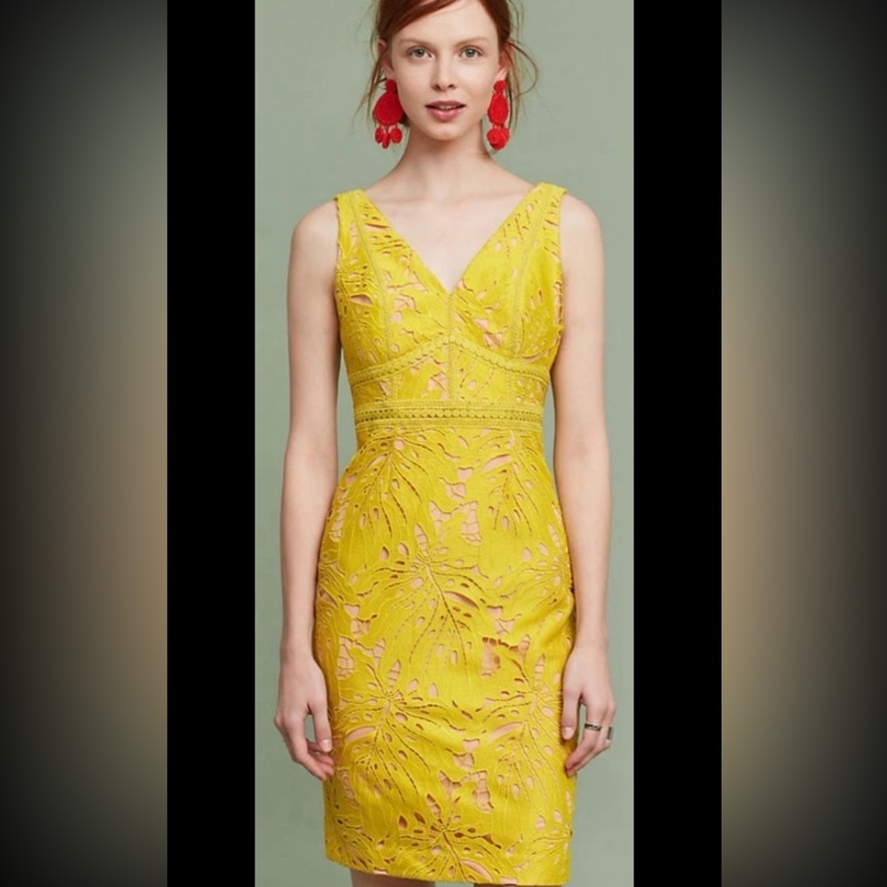 MAEVE Anthropologie Gardenia Lace Overlay Dress Sleeveless Column V Yellow
